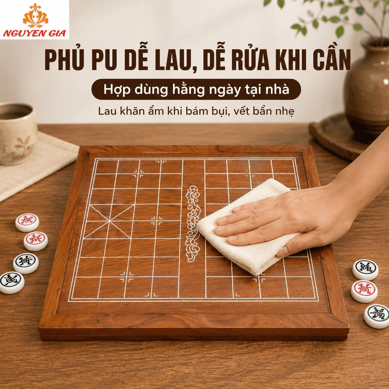 Bộ Cờ Tướng Bàn Gỗ Hương Nguyên Tấm – Quân Melamine Trắng Ngọc