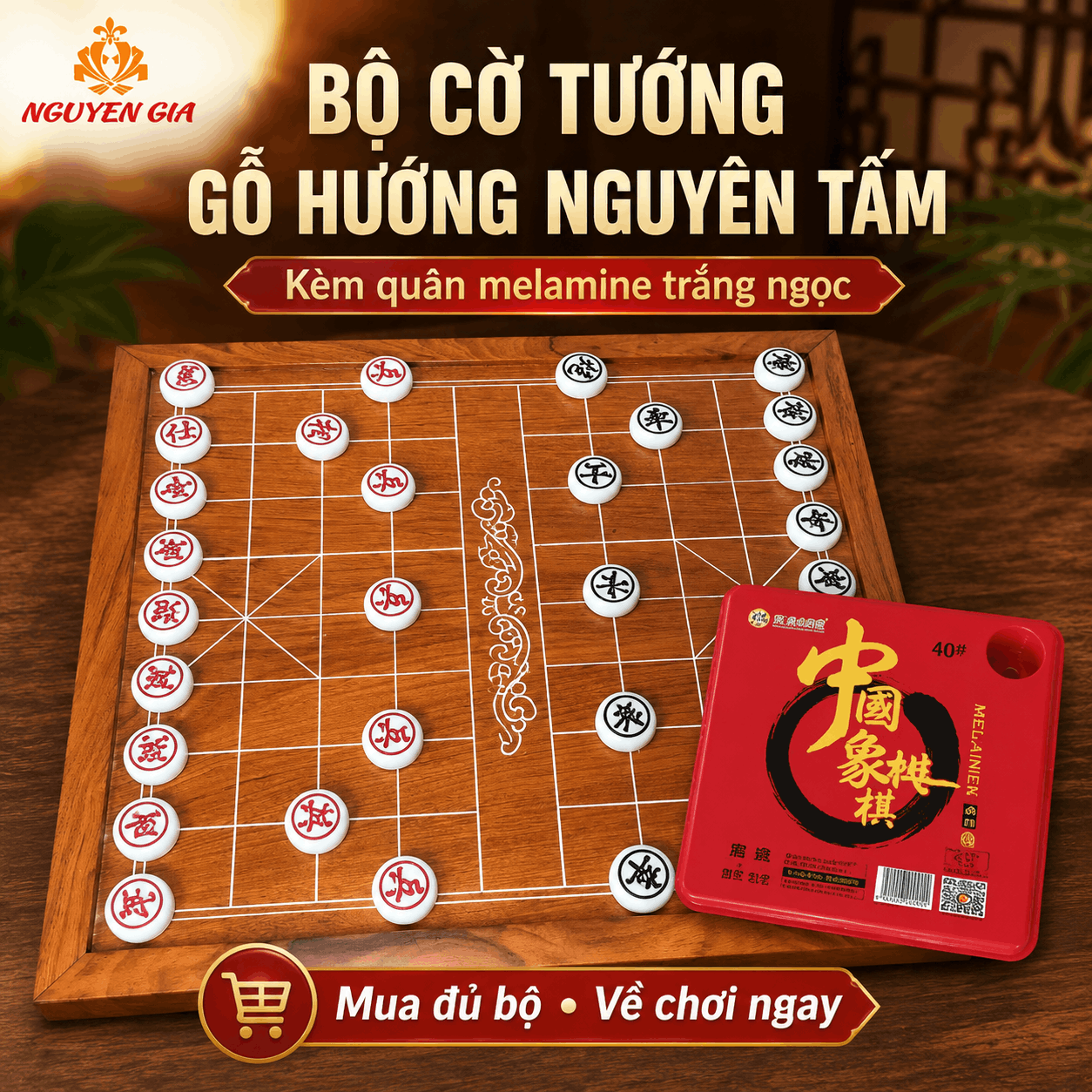 Bộ Cờ Tướng Bàn Gỗ Hương Nguyên Tấm – Quân Melamine Trắng Ngọc