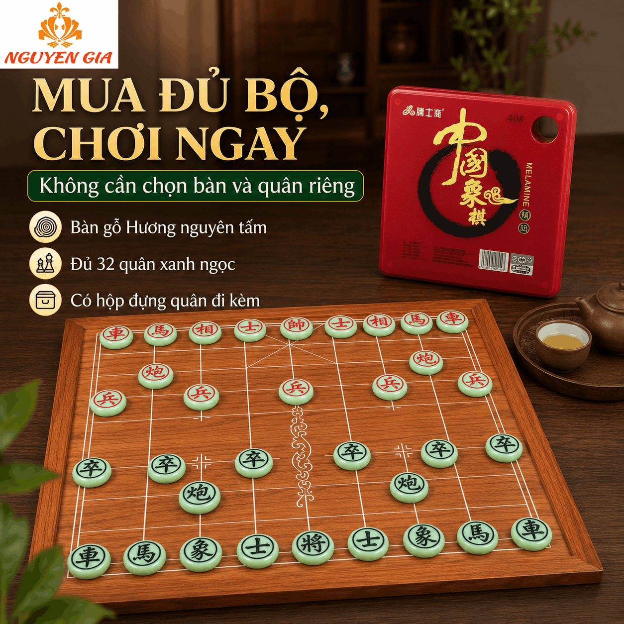 Bộ Cờ Tướng Bàn Gỗ Hương Nguyên Tấm – Quân Melamine Xanh Ngọc