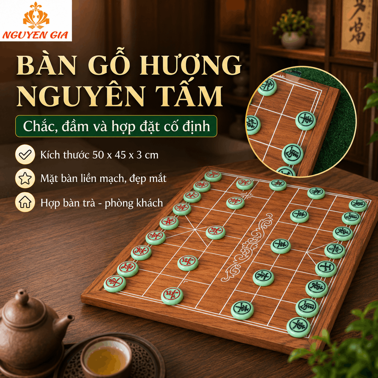Bộ Cờ Tướng Bàn Gỗ Hương Nguyên Tấm – Quân Melamine Xanh Ngọc