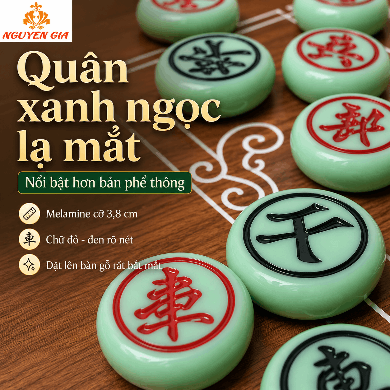 Bộ Cờ Tướng Bàn Gỗ Hương Nguyên Tấm – Quân Melamine Xanh Ngọc