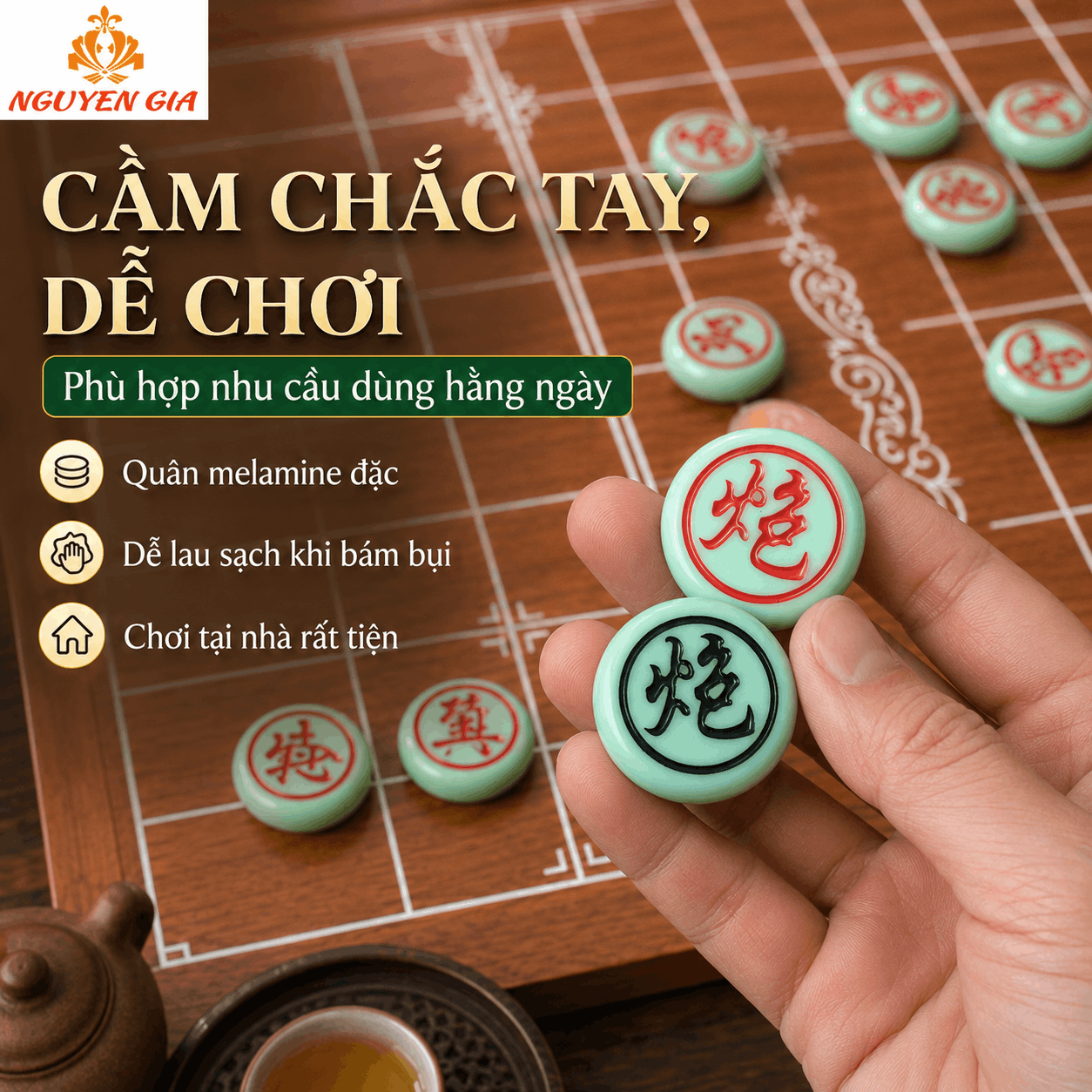 Bộ Cờ Tướng Bàn Gỗ Hương Nguyên Tấm – Quân Melamine Xanh Ngọc
