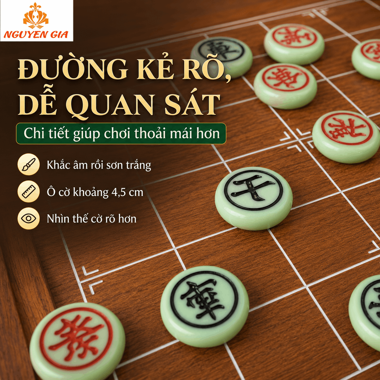 Bộ Cờ Tướng Bàn Gỗ Hương Nguyên Tấm – Quân Melamine Xanh Ngọc
