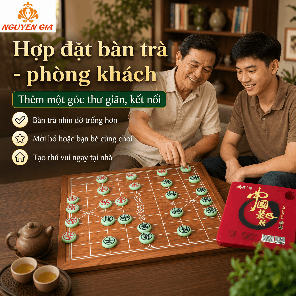 Bộ Cờ Tướng Bàn Gỗ Hương Nguyên Tấm – Quân Melamine Xanh Ngọc