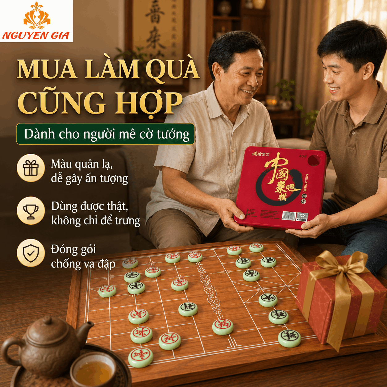 Bộ Cờ Tướng Bàn Gỗ Hương Nguyên Tấm – Quân Melamine Xanh Ngọc