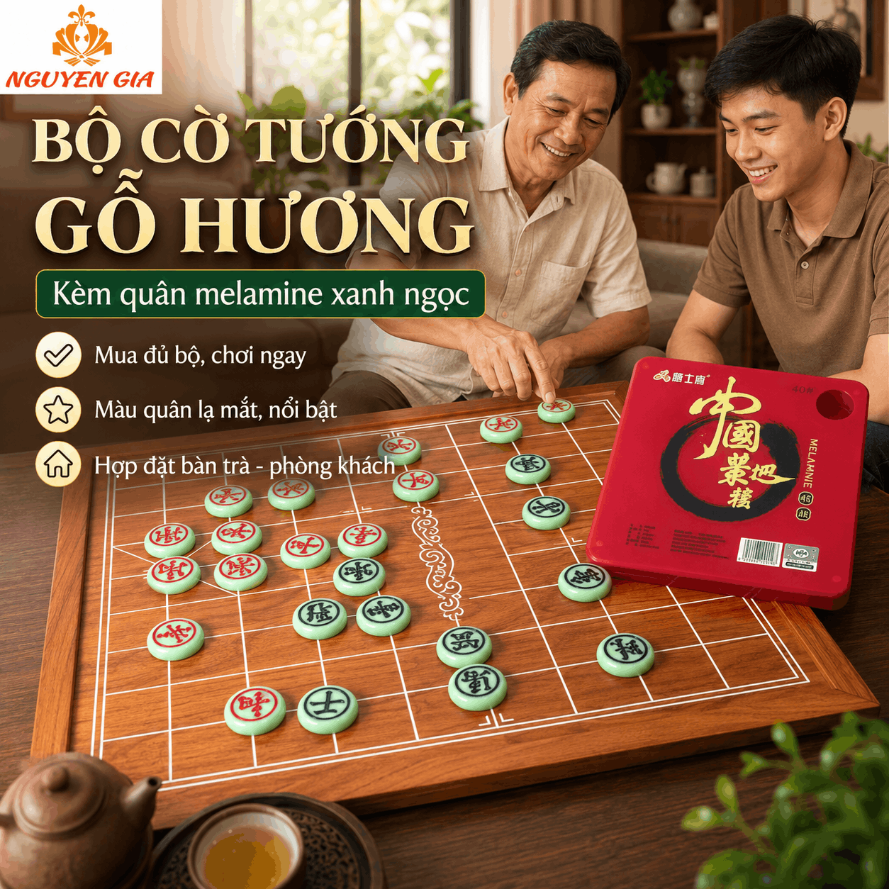 Bộ Cờ Tướng Bàn Gỗ Hương Nguyên Tấm – Quân Melamine Xanh Ngọc