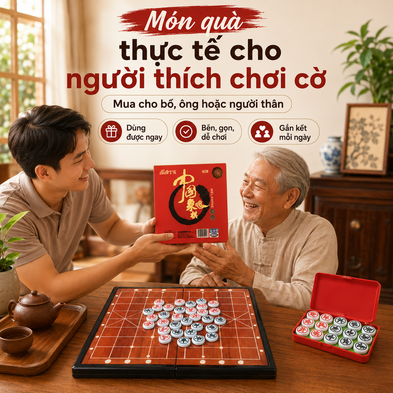 Combo Bộ Bàn Cờ Tướng Gỗ Hương Gấp Và Quân Melamine Trắng