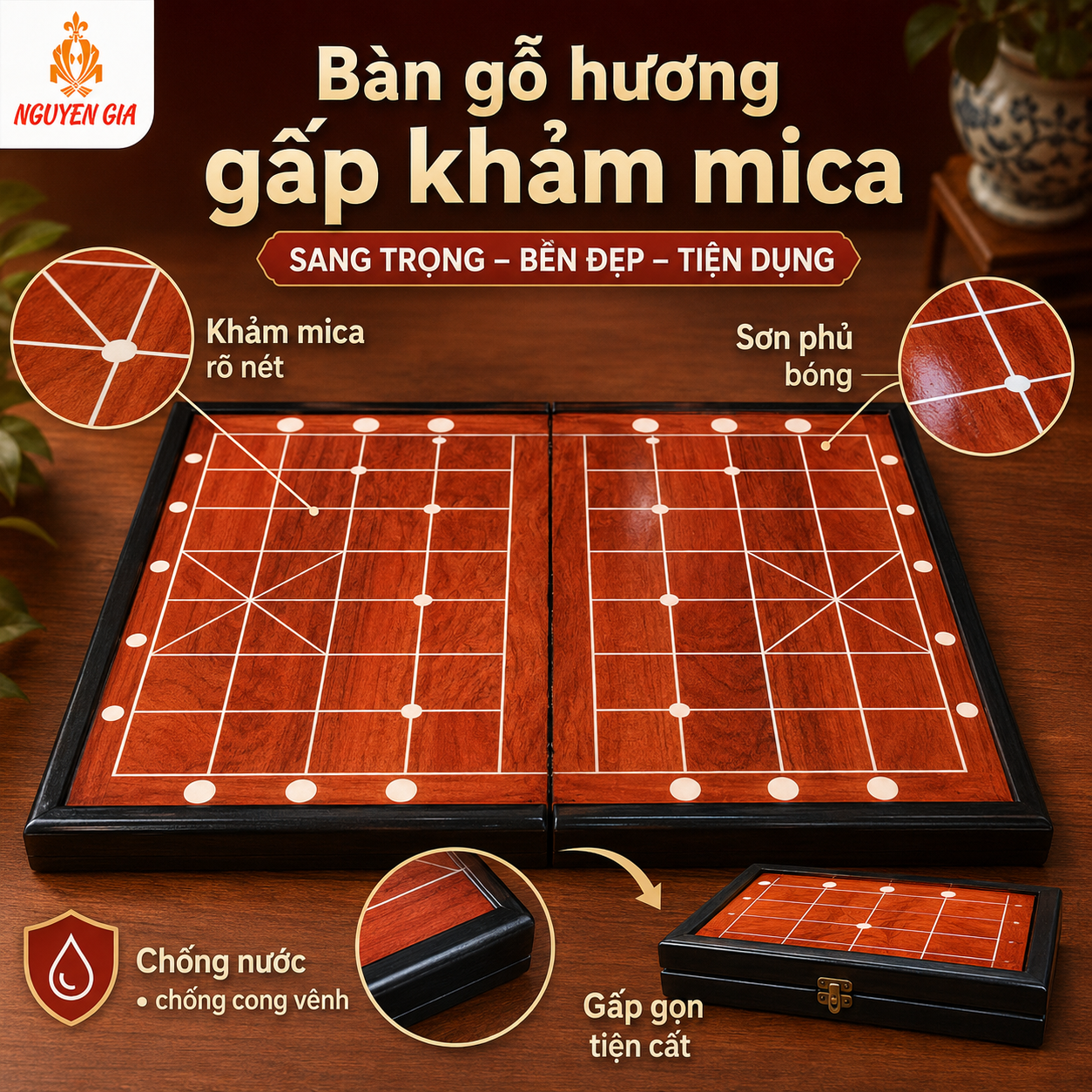 Combo Bộ Bàn Cờ Tướng Gỗ Hương Gấp Và Quân Melamine Trắng