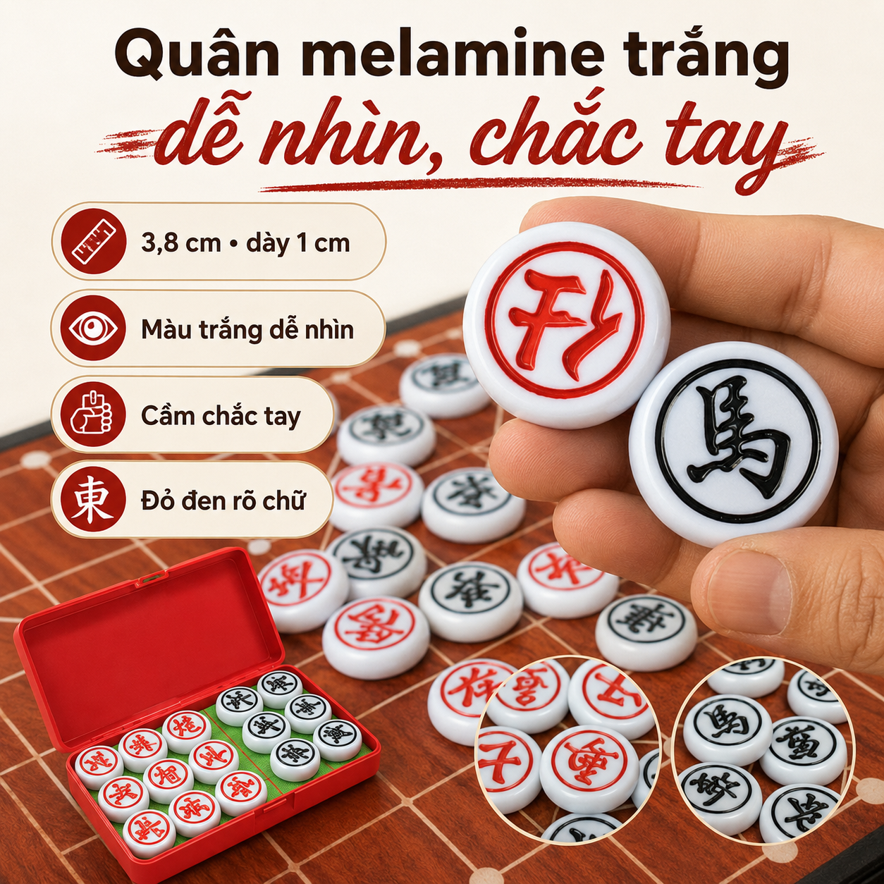Combo Bộ Bàn Cờ Tướng Gỗ Hương Gấp Và Quân Melamine Trắng