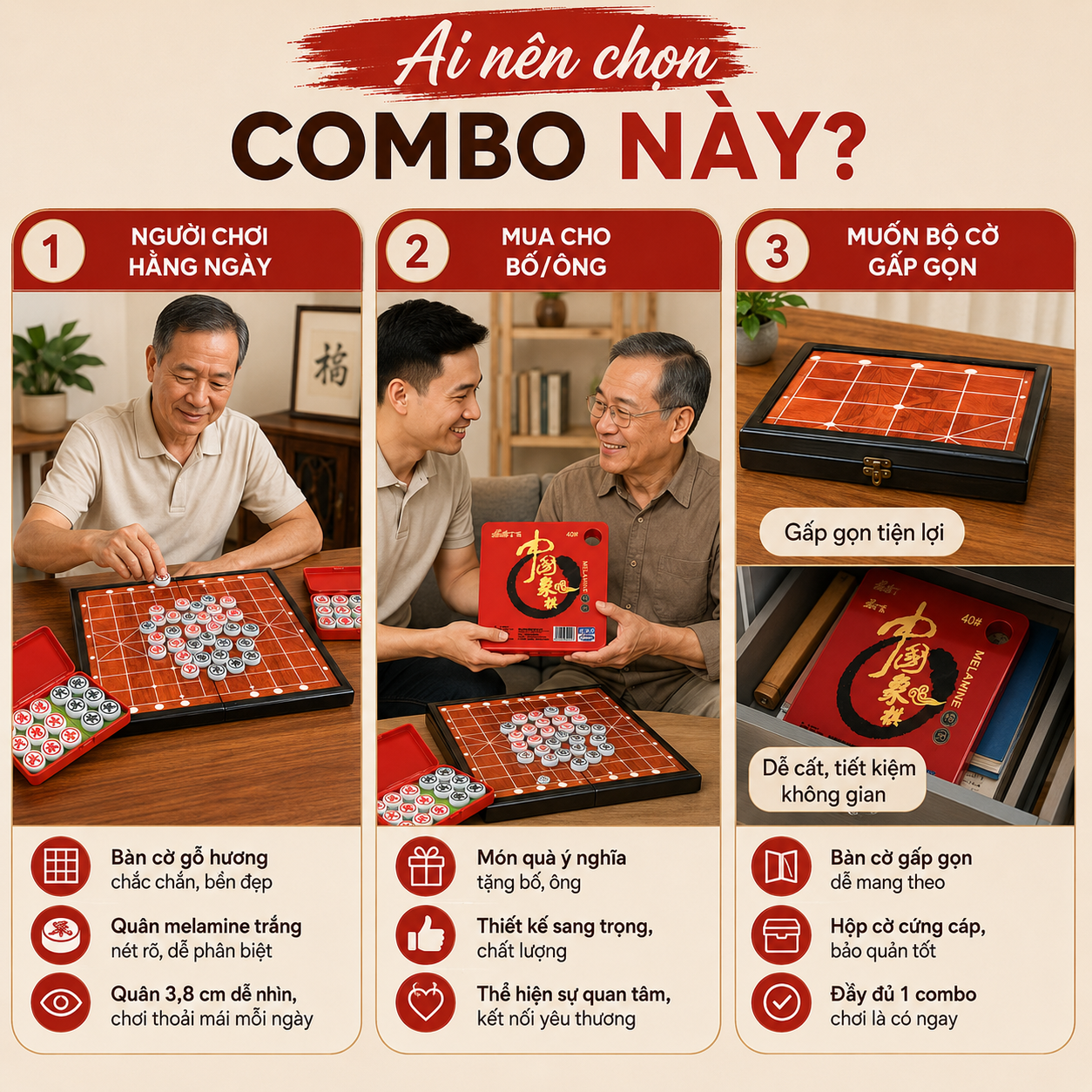 Combo Bộ Bàn Cờ Tướng Gỗ Hương Gấp Và Quân Melamine Trắng