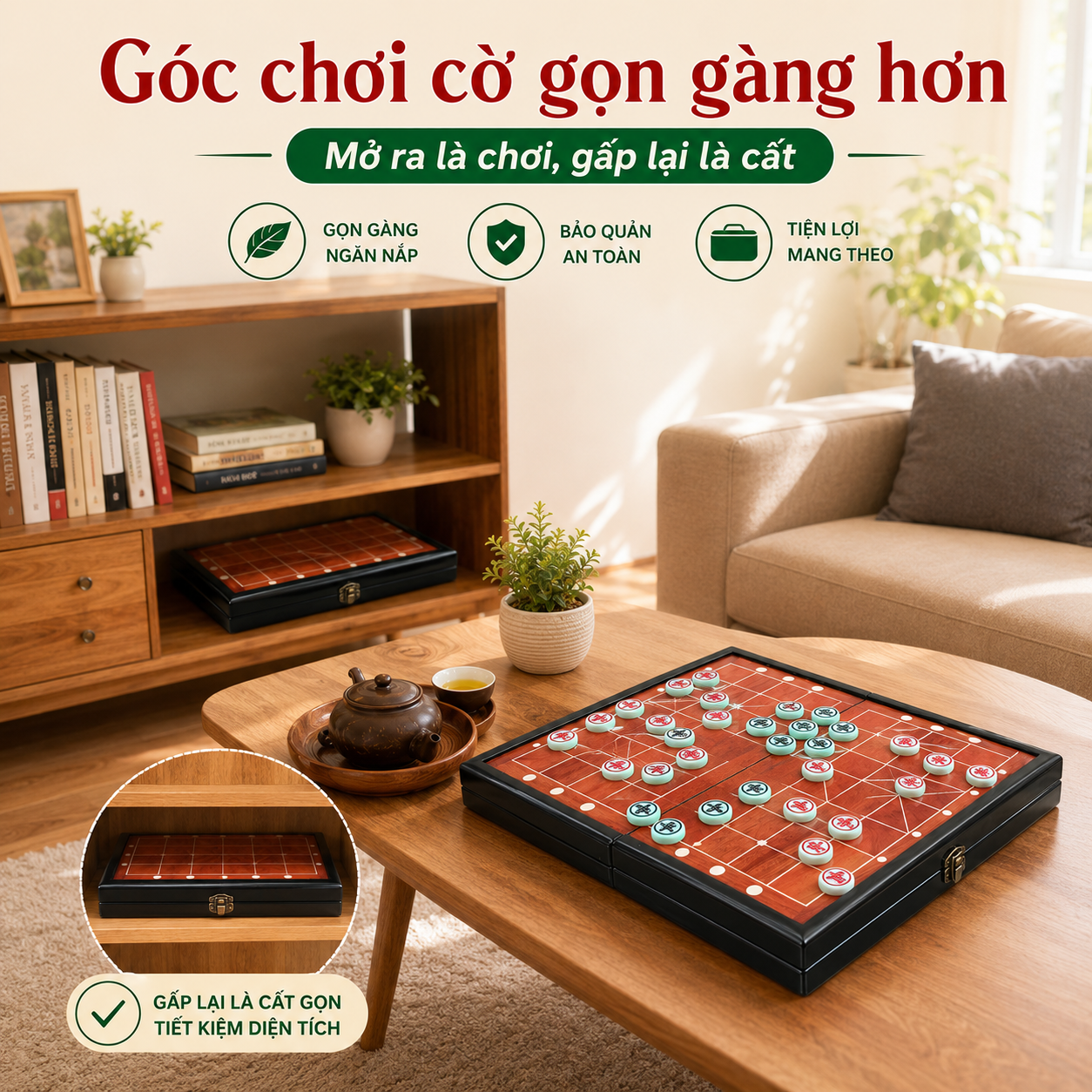 Bộ Bàn Cờ Tướng Gỗ Hương Gấp Quân Melamine Xanh Ngọc