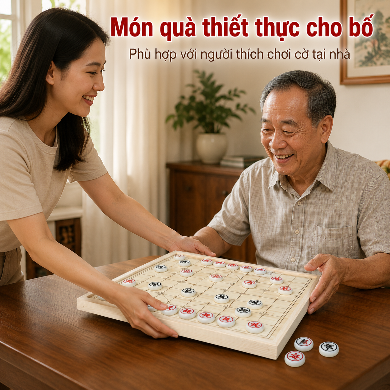 Combo Bộ Bàn Cờ Tướng Gỗ Sồi Và Quân Melamine Trắng Ngọc