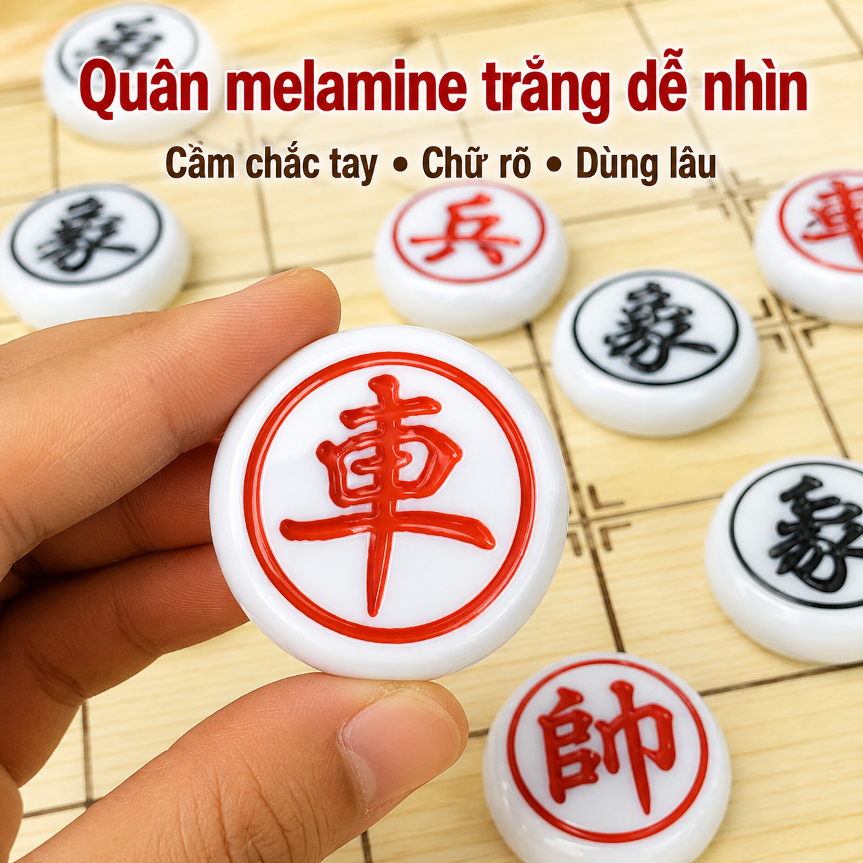 Combo Bộ Bàn Cờ Tướng Gỗ Sồi Và Quân Melamine Trắng Ngọc
