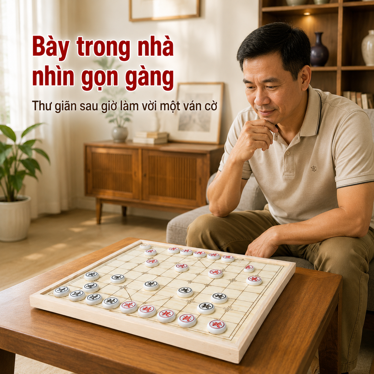 Combo Bộ Bàn Cờ Tướng Gỗ Sồi Và Quân Melamine Trắng Ngọc