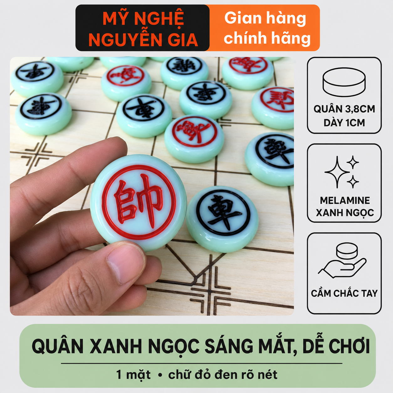 Bộ Cờ Tướng Đẹp Bàn Gỗ Sồi Quân Melamine Xanh Ngọc