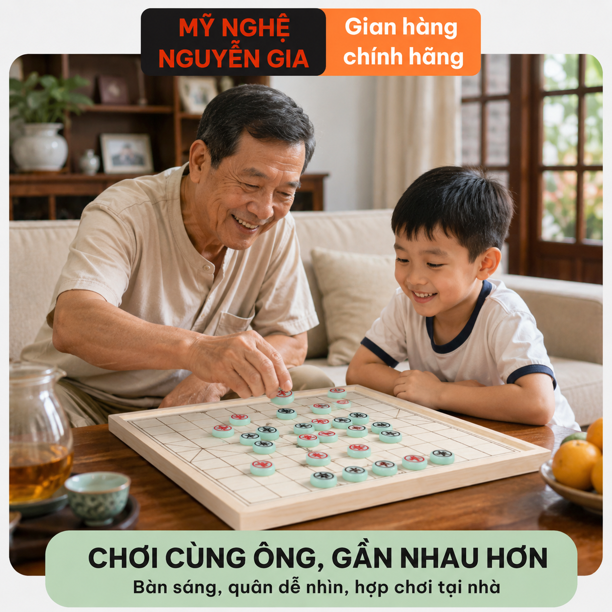 Bộ Cờ Tướng Đẹp Bàn Gỗ Sồi Quân Melamine Xanh Ngọc