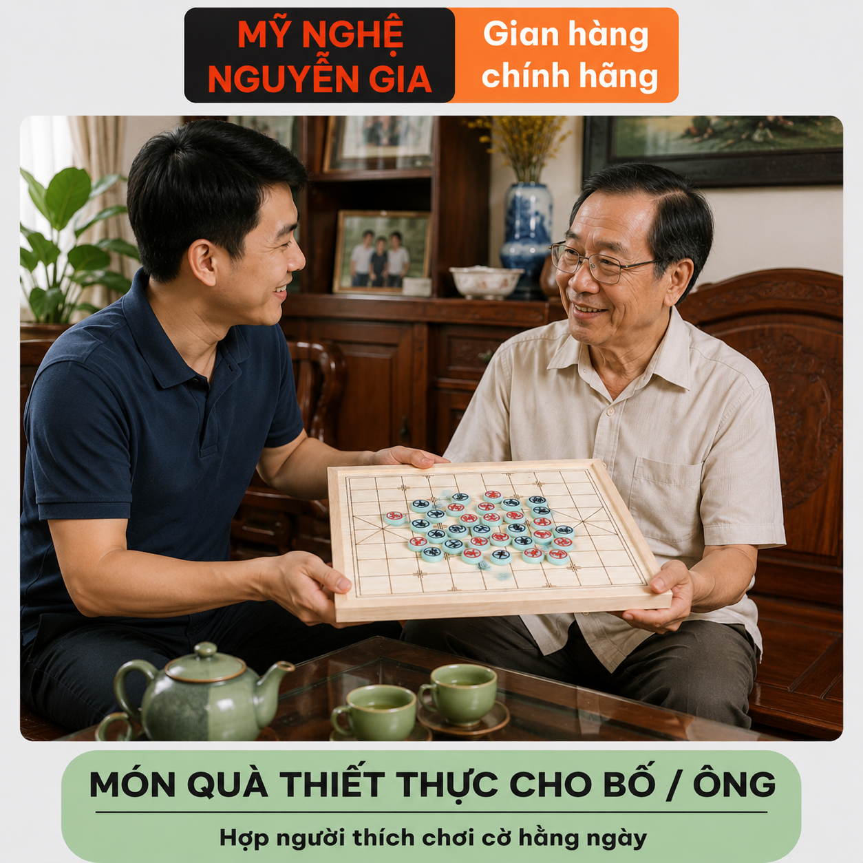 Bộ Cờ Tướng Đẹp Bàn Gỗ Sồi Quân Melamine Xanh Ngọc