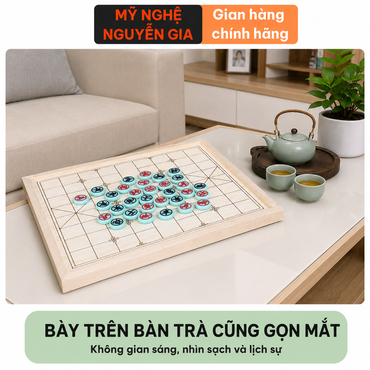 Bộ Cờ Tướng Đẹp Bàn Gỗ Sồi Quân Melamine Xanh Ngọc