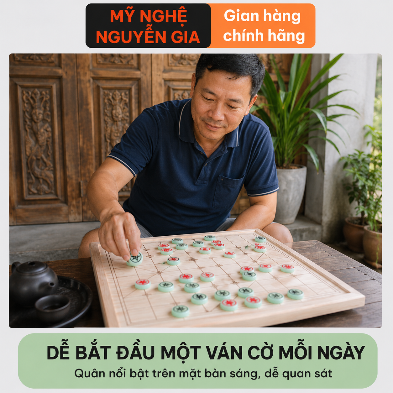 Bộ Cờ Tướng Đẹp Bàn Gỗ Sồi Quân Melamine Xanh Ngọc
