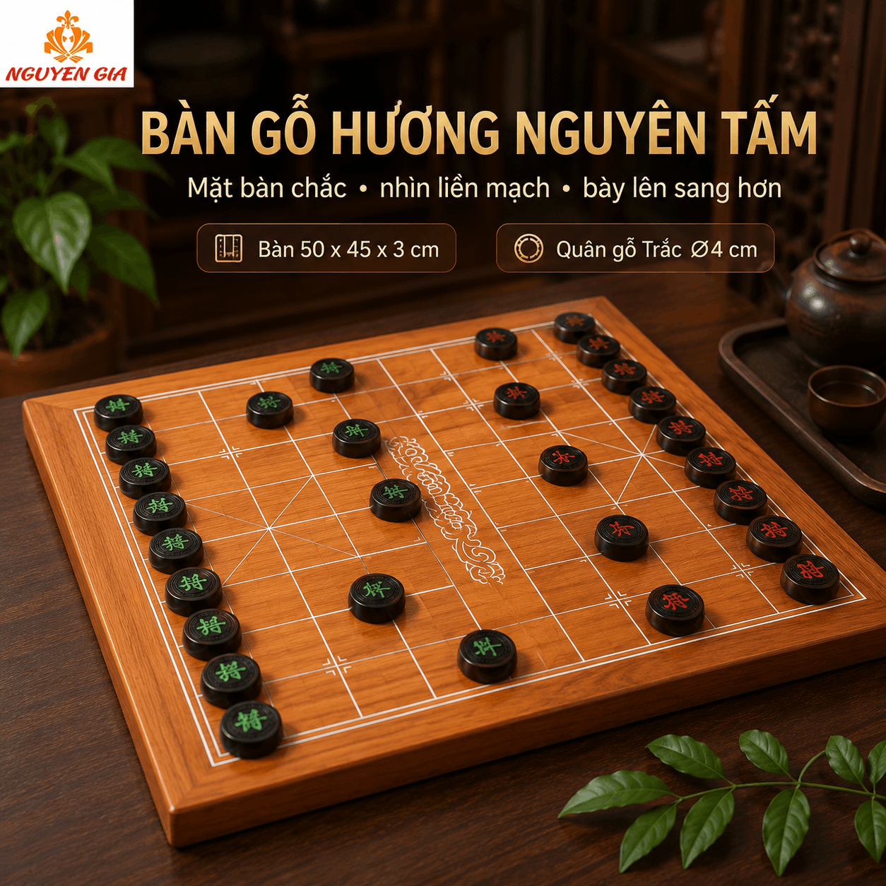 Bộ Cờ Tướng Cao Cấp Quân Gỗ Trắc – Bàn Gỗ Hương Nguyên Tấm