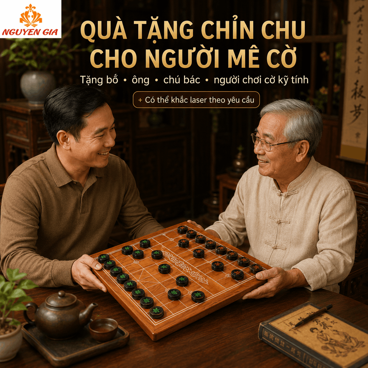 Bộ Cờ Tướng Cao Cấp Quân Gỗ Trắc – Bàn Gỗ Hương Nguyên Tấm