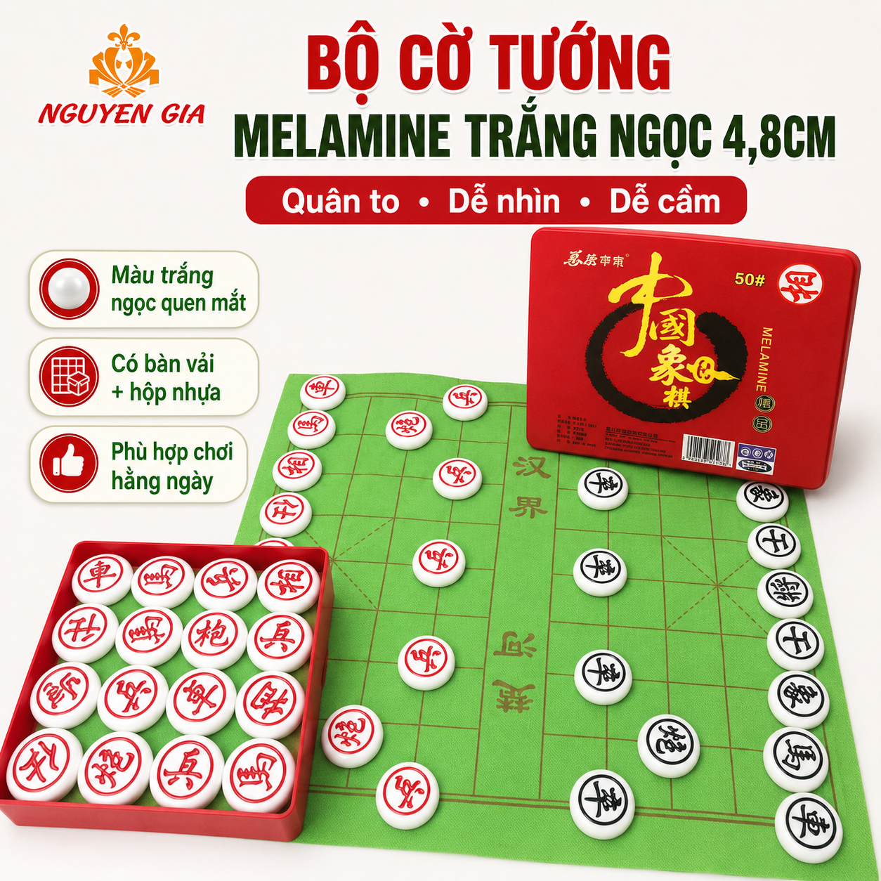 Bộ Cờ Tướng Trắng Ngọc Cỡ Lớn 4,8cm – Quân To Dễ Nhìn