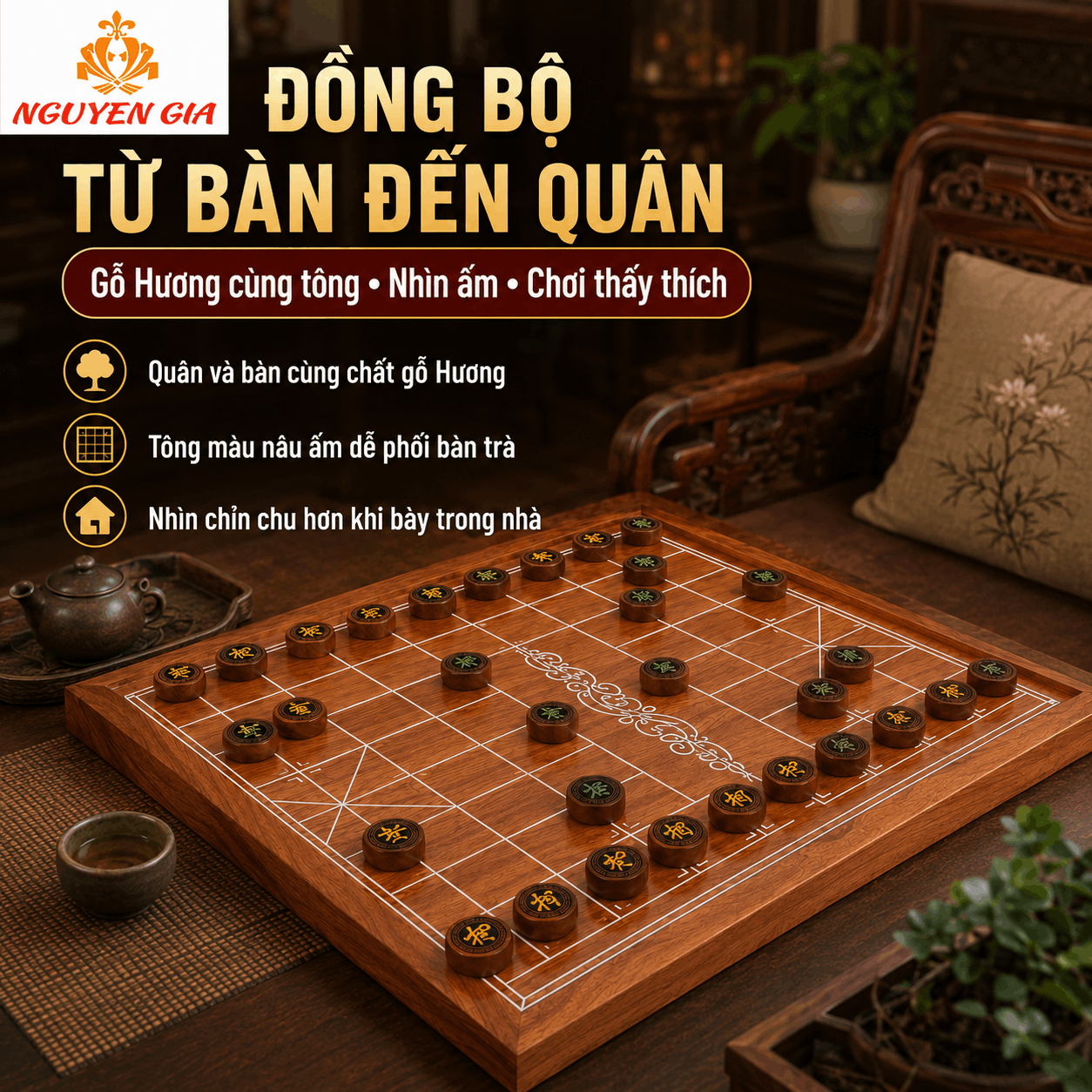 Bộ Cờ Tướng Gỗ Hương Đồng Bộ – Bàn Nguyên Tấm, Quân Gỗ Hương