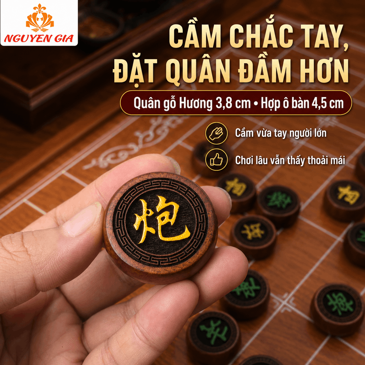 Bộ Cờ Tướng Gỗ Hương Đồng Bộ – Bàn Nguyên Tấm, Quân Gỗ Hương