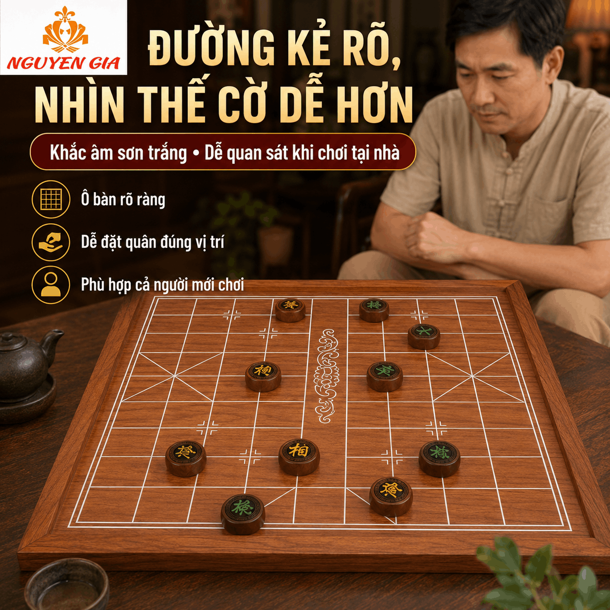 Bộ Cờ Tướng Gỗ Hương Đồng Bộ – Bàn Nguyên Tấm, Quân Gỗ Hương