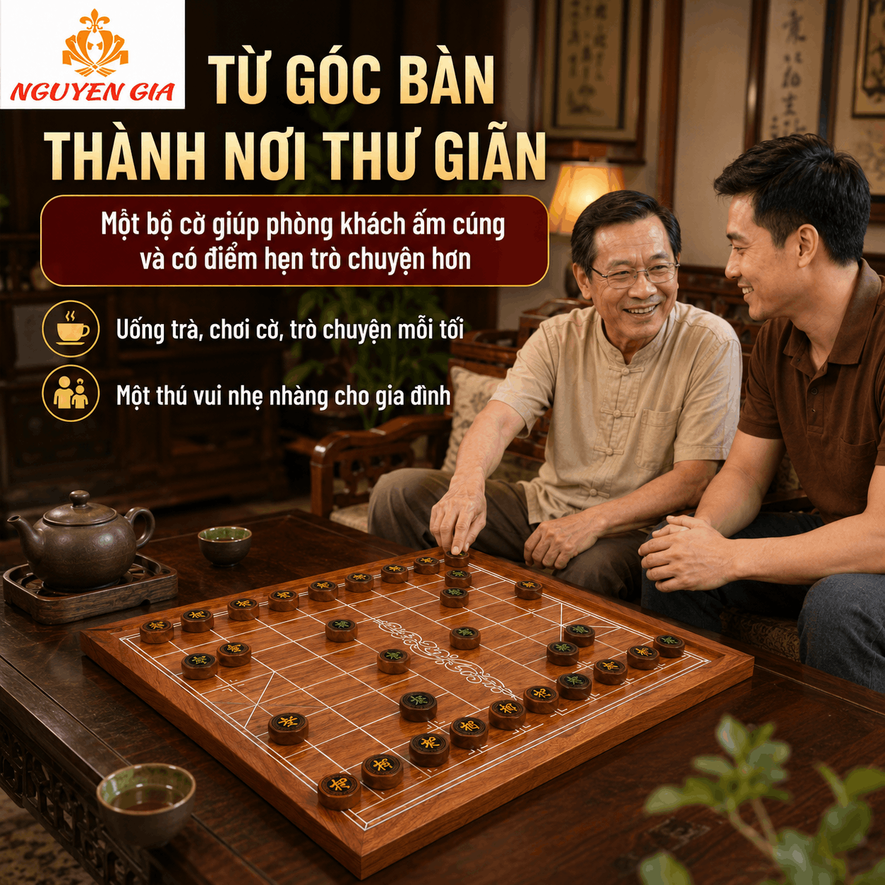 Bộ Cờ Tướng Gỗ Hương Đồng Bộ – Bàn Nguyên Tấm, Quân Gỗ Hương