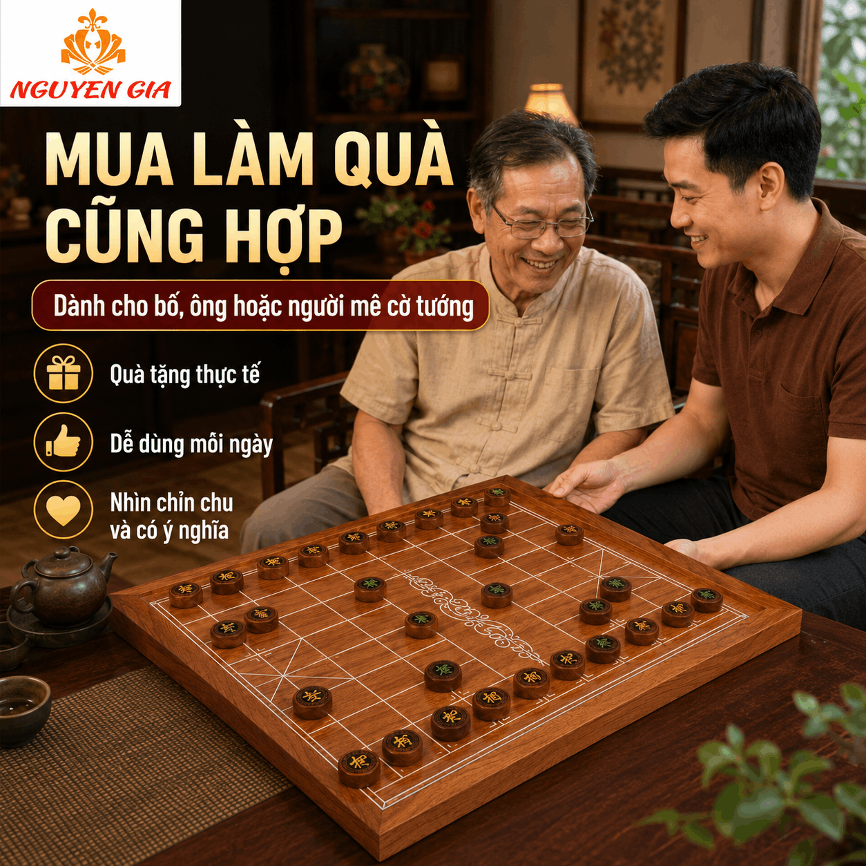 Bộ Cờ Tướng Gỗ Hương Đồng Bộ – Bàn Nguyên Tấm, Quân Gỗ Hương