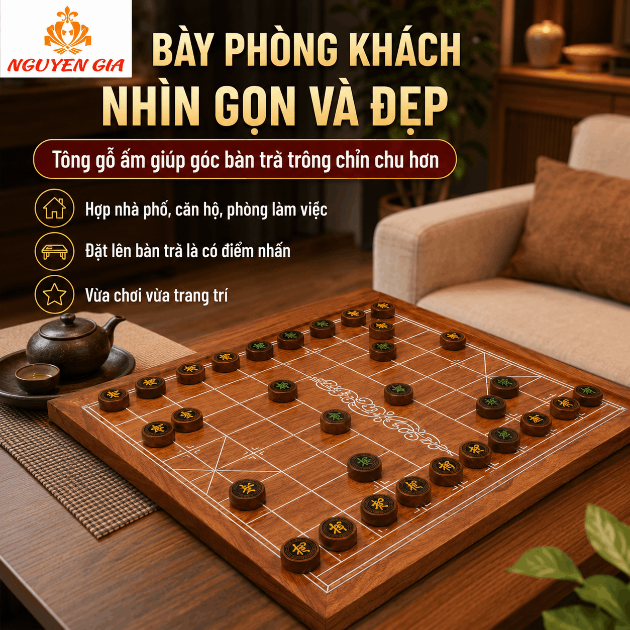 Bộ Cờ Tướng Gỗ Hương Đồng Bộ – Bàn Nguyên Tấm, Quân Gỗ Hương
