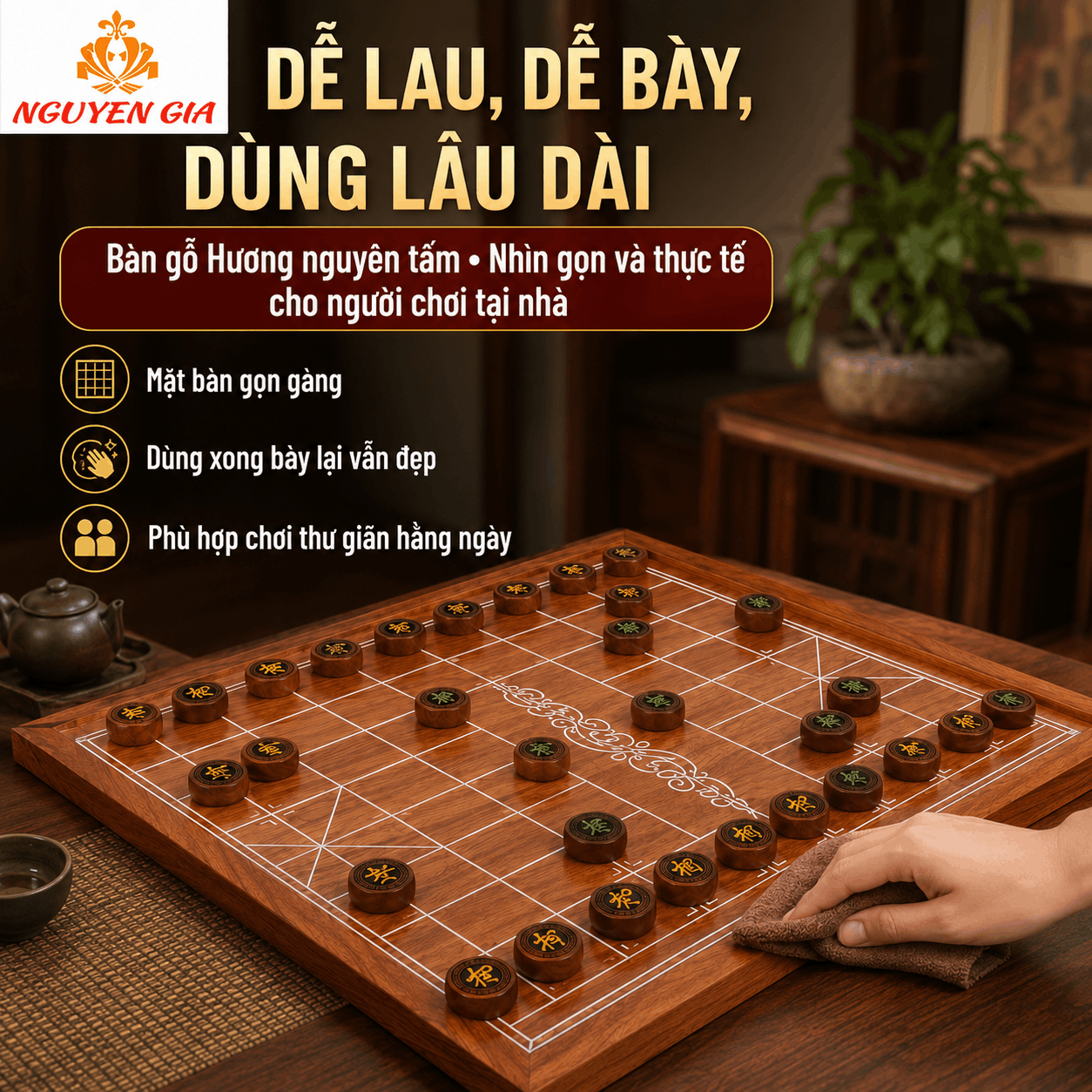 Bộ Cờ Tướng Gỗ Hương Đồng Bộ – Bàn Nguyên Tấm, Quân Gỗ Hương