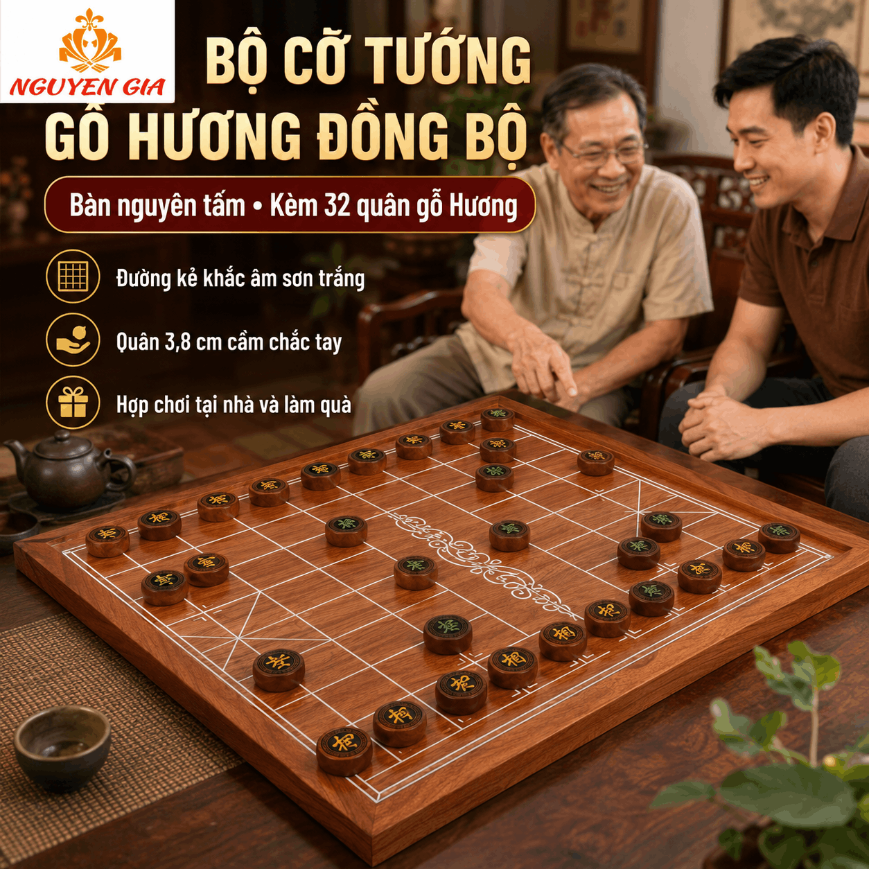 Bộ Cờ Tướng Gỗ Hương Đồng Bộ – Bàn Nguyên Tấm, Quân Gỗ Hương