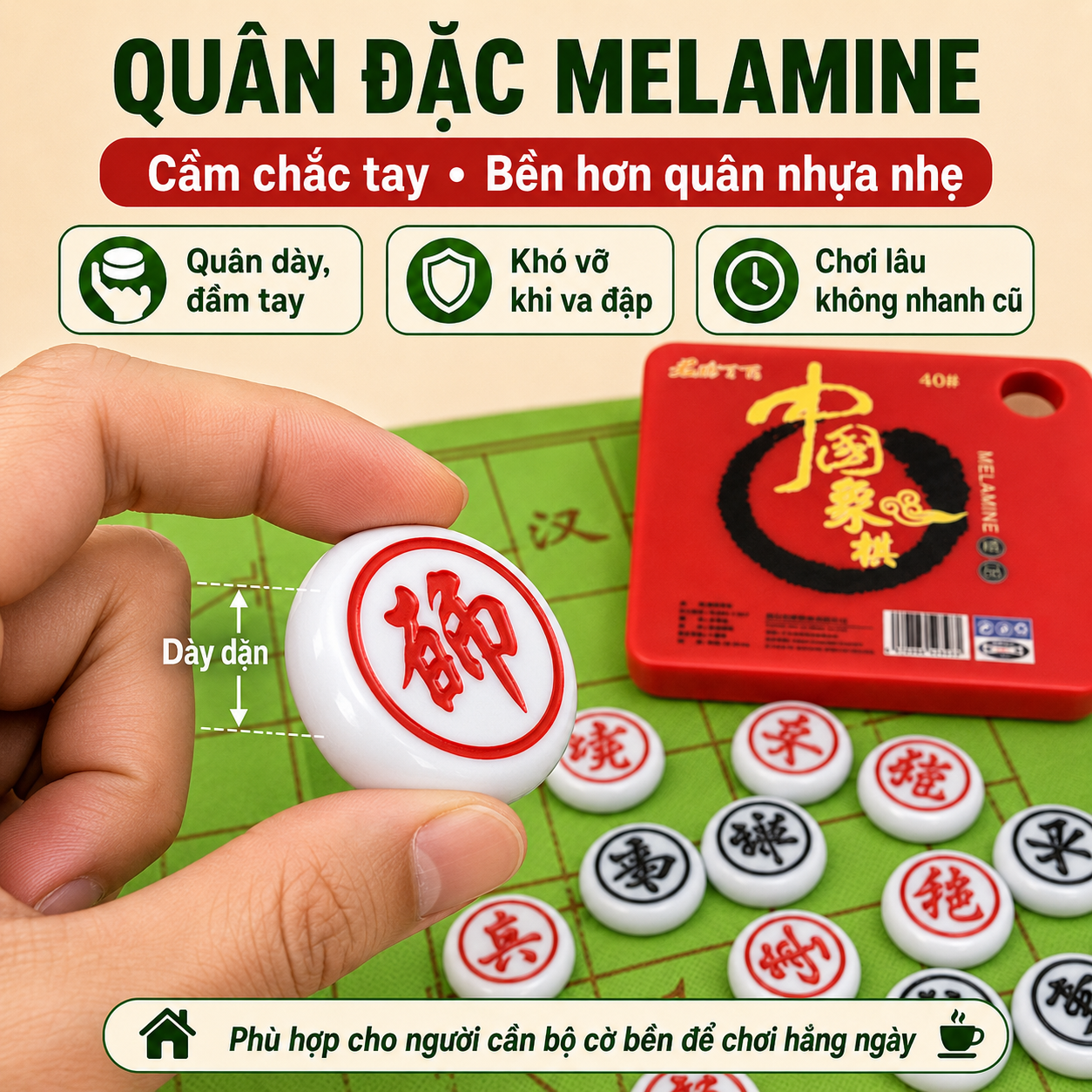 Bộ Cờ Tướng Nhựa Đặc Melamine Giả Ngọc Bền Đẹp, Chắc Tay