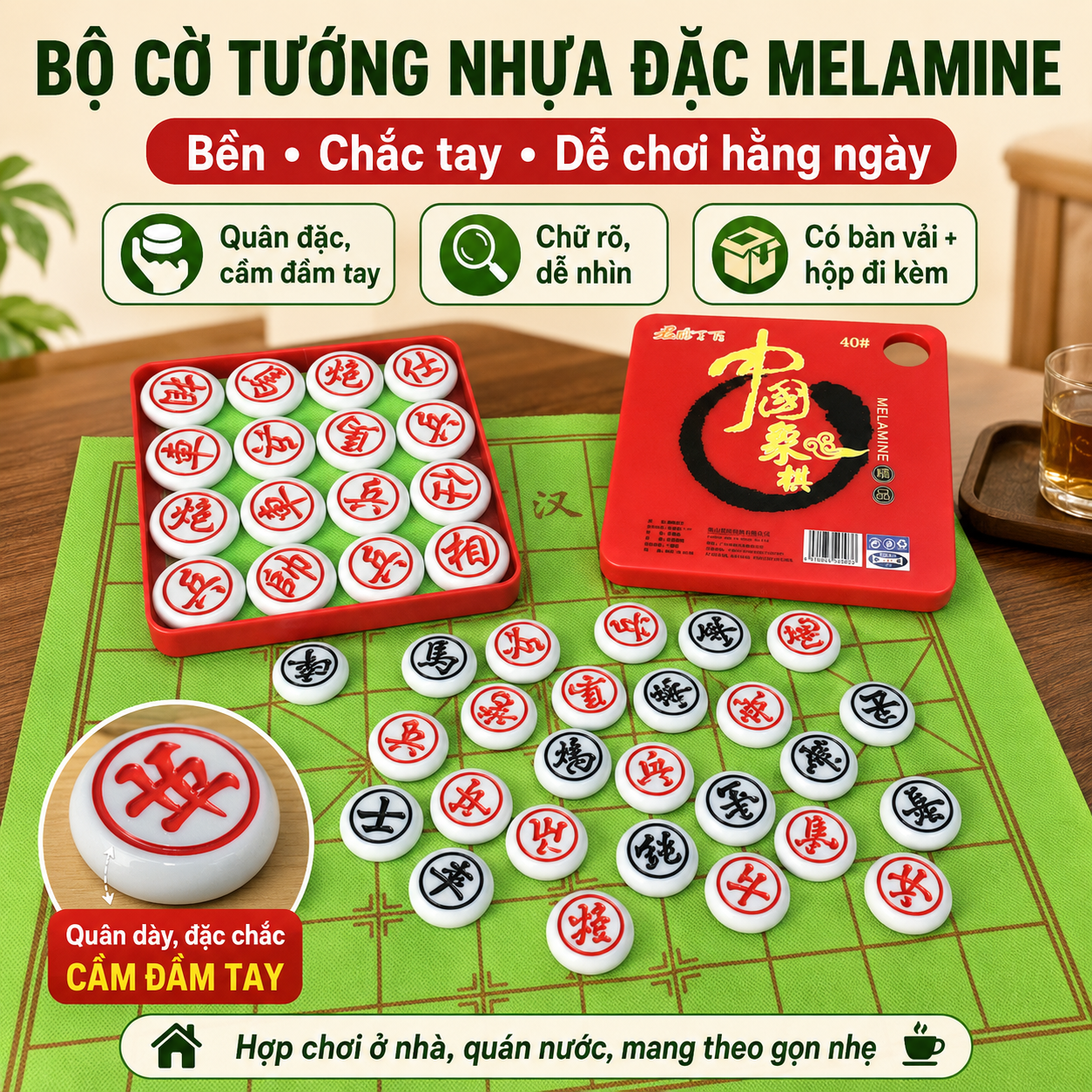 Bộ Cờ Tướng Nhựa Đặc Melamine Giả Ngọc Bền Đẹp, Chắc Tay