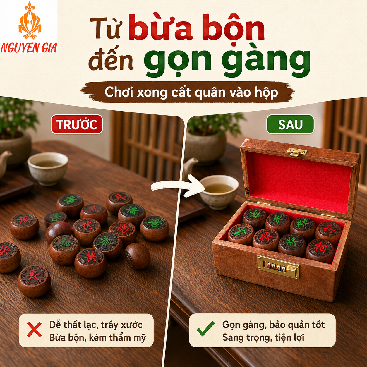 Hộp Đựng Quân Cờ Tướng Gỗ Hương Lót Nhung Đỏ Có Khóa