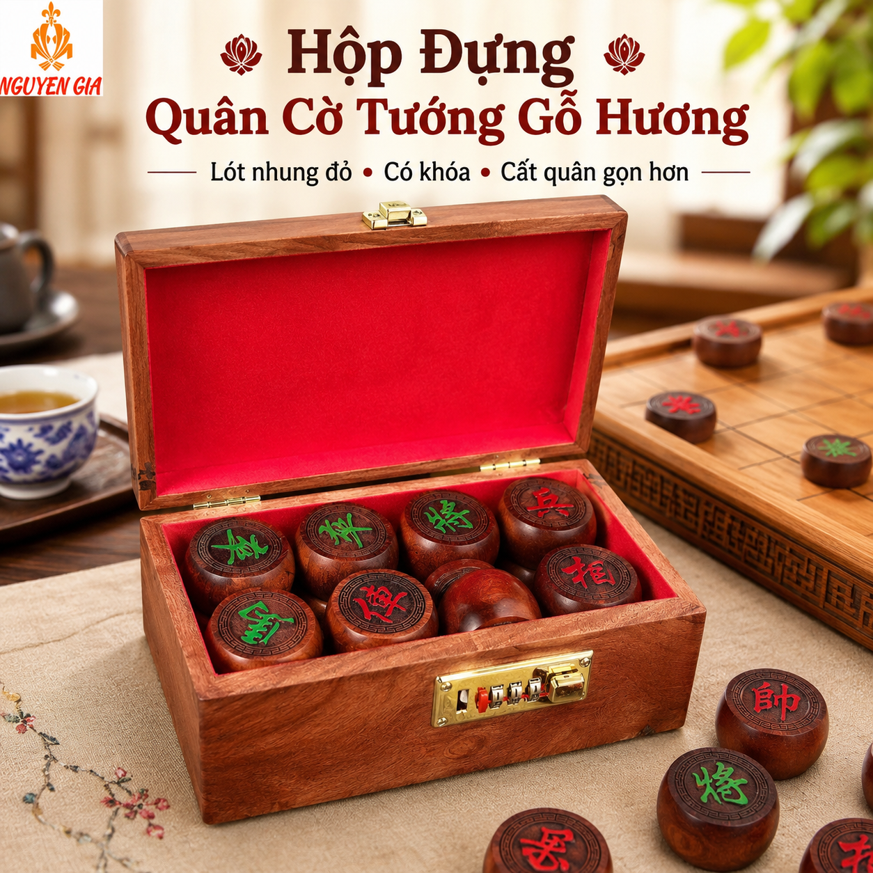 Hộp Đựng Quân Cờ Tướng Gỗ Hương Lót Nhung Đỏ Có Khóa