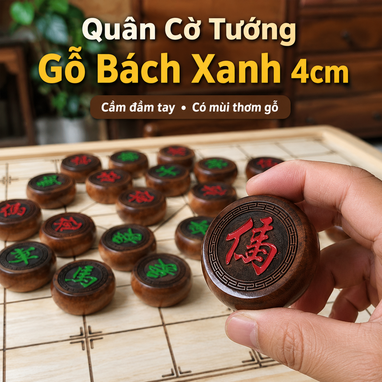 Quân Cờ Tướng Gỗ Bách Xanh 4cm Có Mùi Thơm Nhẹ