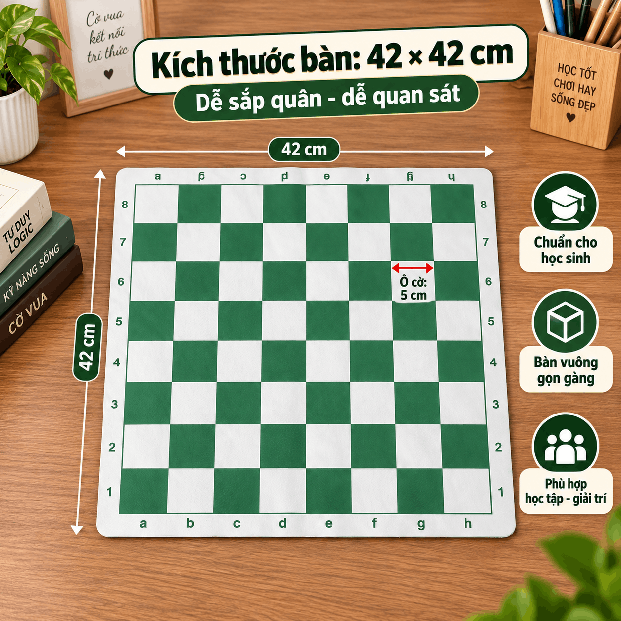 Bàn cờ vua PU 42 × 42 cm, ô 5 cm, Có Túi Zip