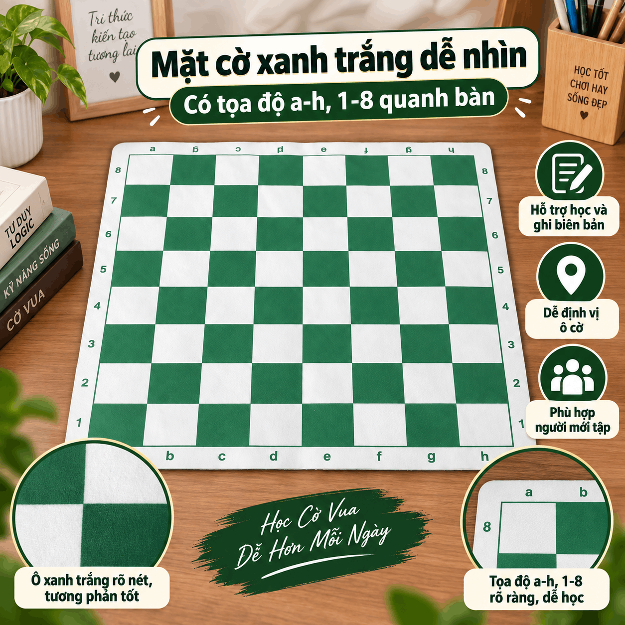 Bàn cờ vua PU 42 × 42 cm, ô 5 cm, Có Túi Zip