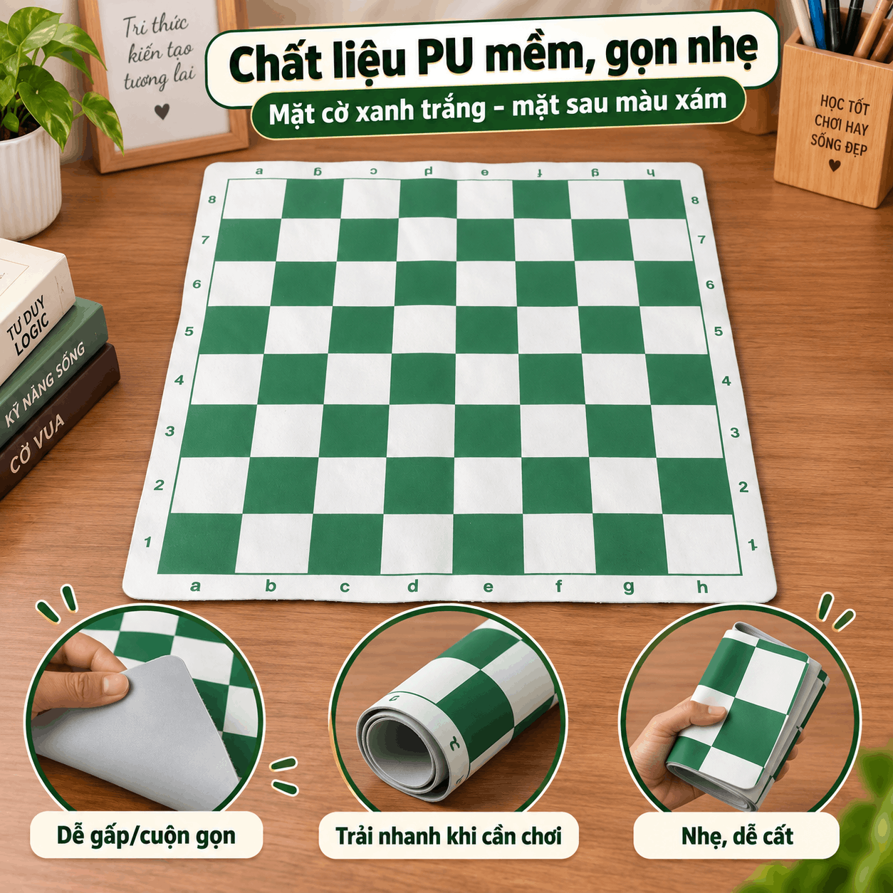 Bàn cờ vua PU 42 × 42 cm, ô 5 cm, Có Túi Zip