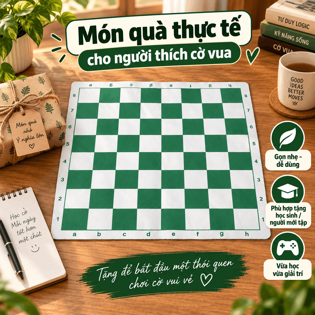 Bàn cờ vua PU 42 × 42 cm, ô 5 cm, Có Túi Zip