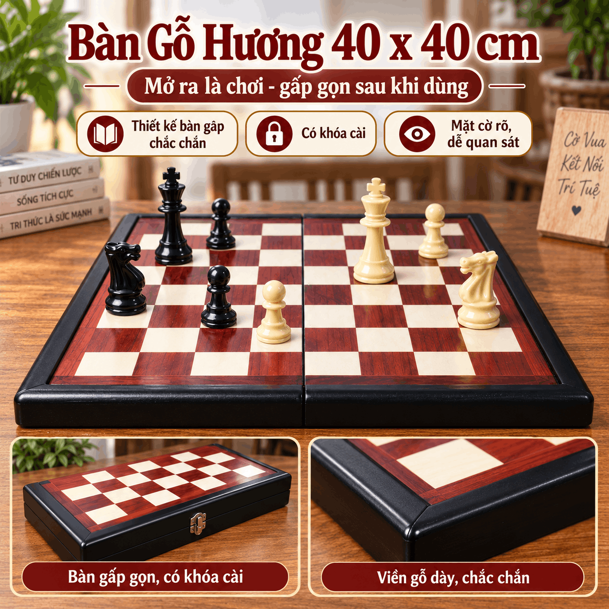 Bộ Cờ Vua Gỗ Hương – Quân Mica Đặc 9,5cm