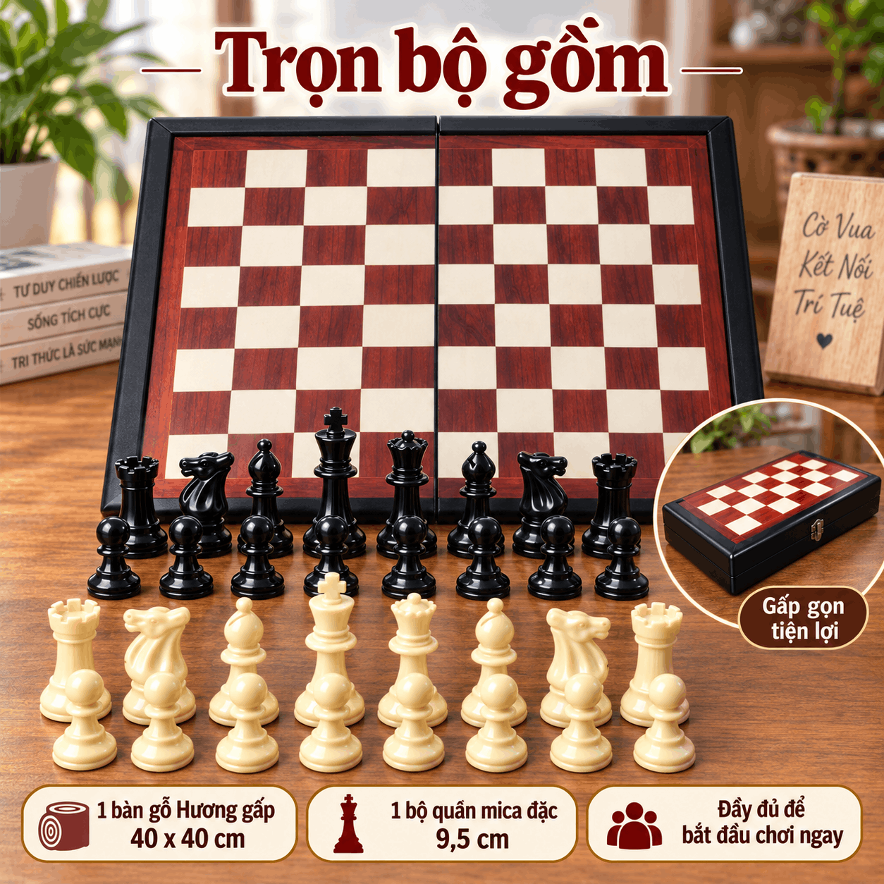Bộ Cờ Vua Gỗ Hương – Quân Mica Đặc 9,5cm