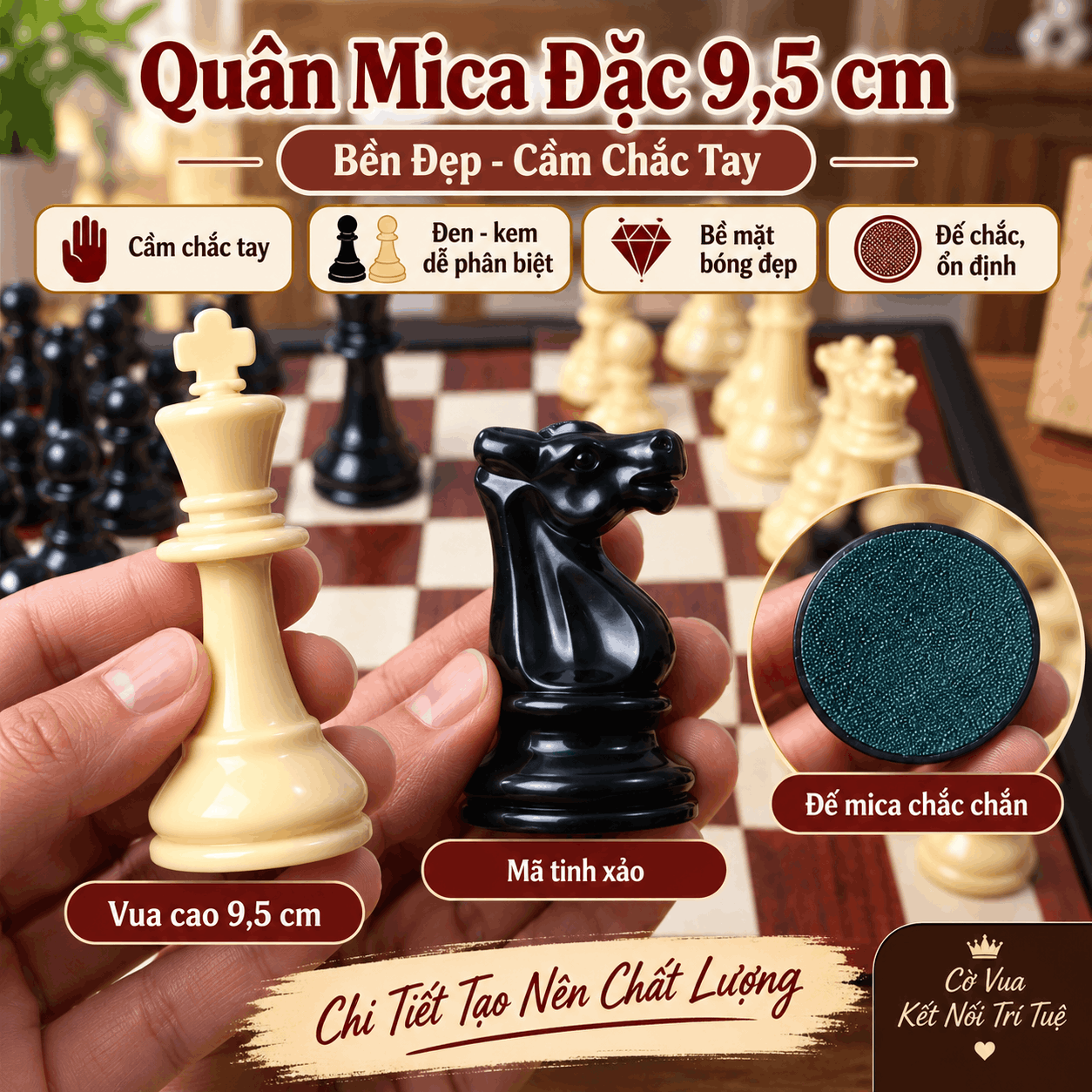 Bộ Cờ Vua Gỗ Hương – Quân Mica Đặc 9,5cm