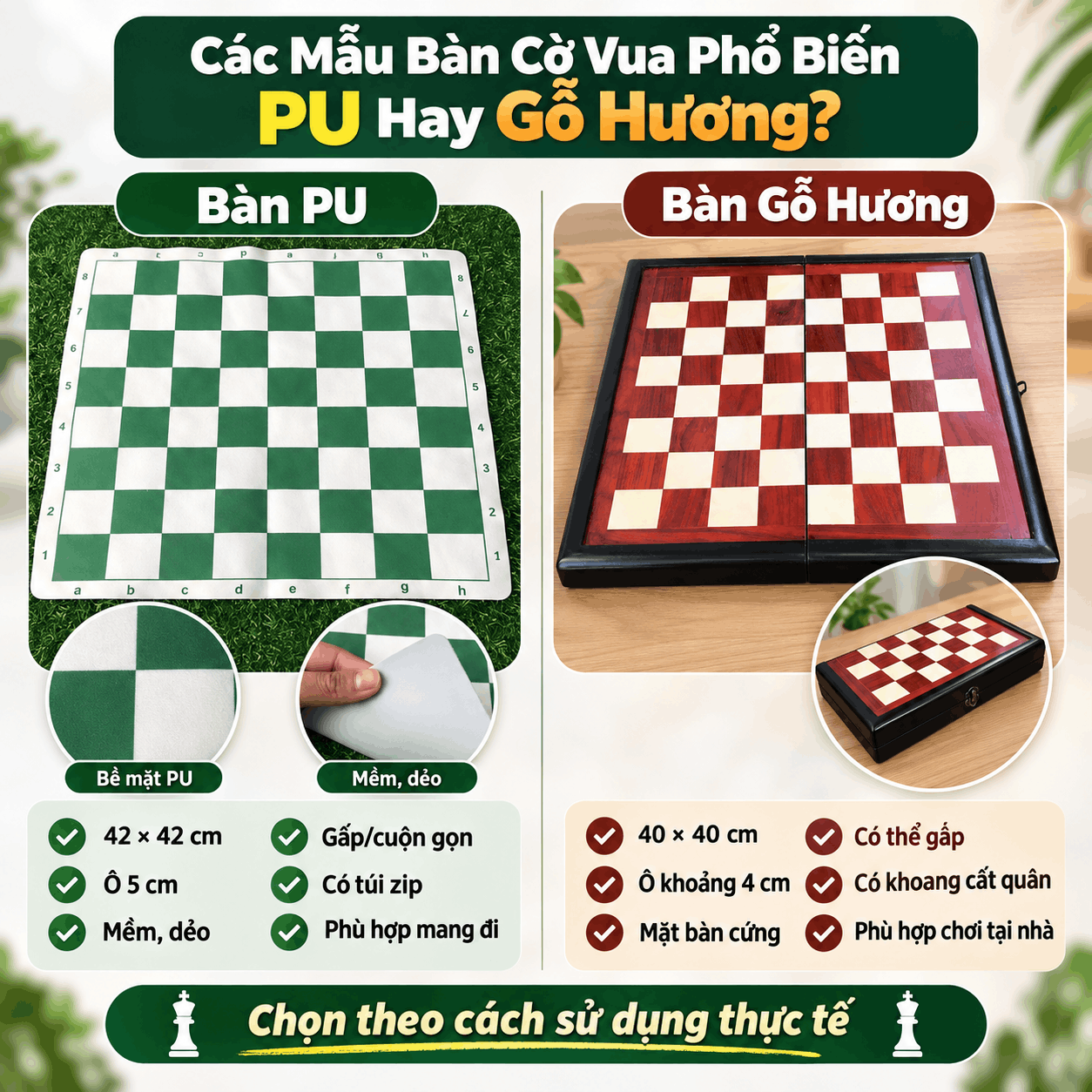 C&aacute;c Mẫu B&agrave;n Cờ Vua Phổ Biến: PU Hay Gỗ Hương?