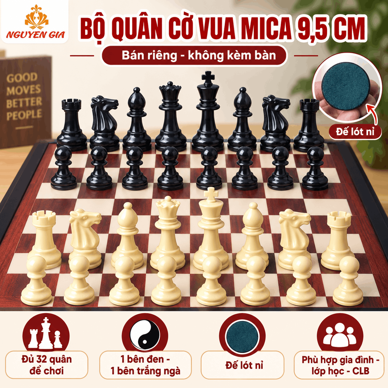 Quân Cờ Vua Mica Đặc 9,5 cm – Bán Riêng, Đế Lót Nỉ