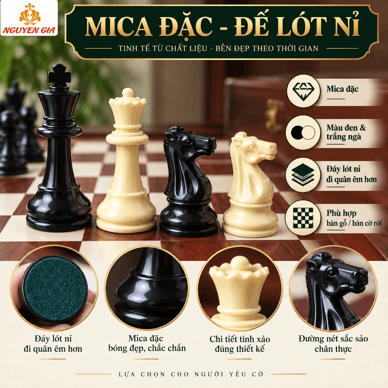 Quân Cờ Vua Mica Đặc 9,5 cm – Bán Riêng, Đế Lót Nỉ