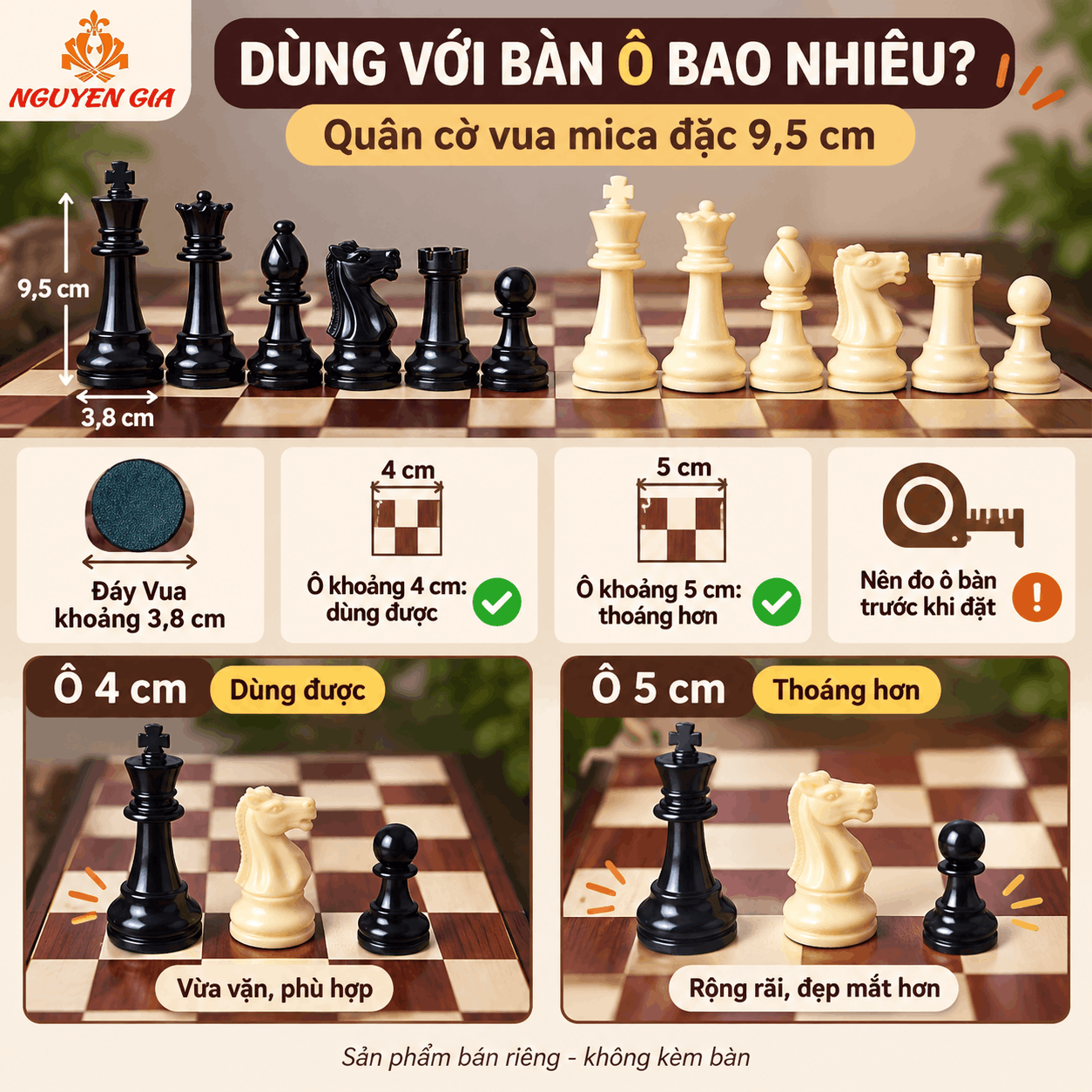 Quân Cờ Vua Mica Đặc 9,5 cm – Bán Riêng, Đế Lót Nỉ